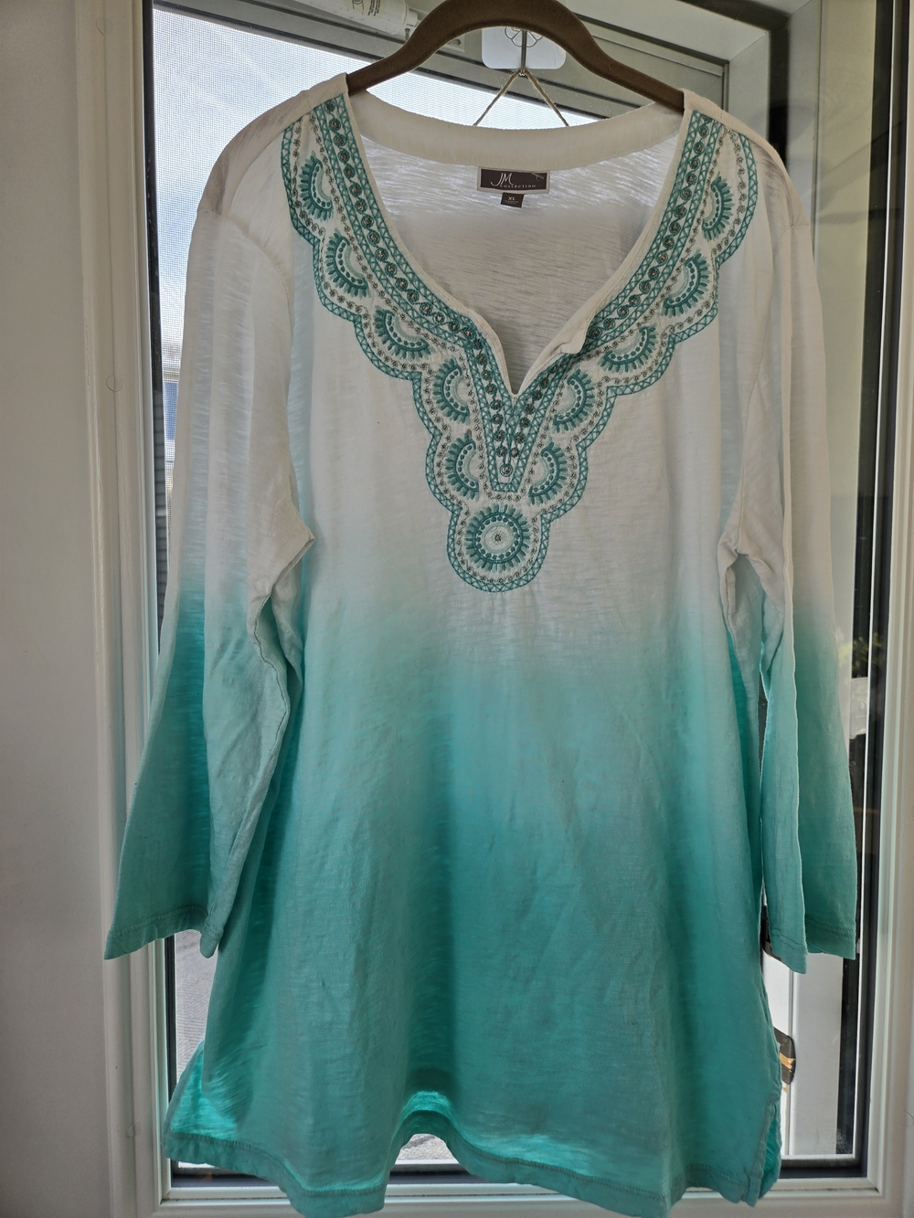JM Collection Women's XL Embroidered Dip-Dye Tunic Top  Teal & White Ombre